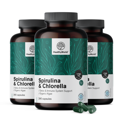 3x Spirulina en chlorella 1740 mg, totaal 720 capsules