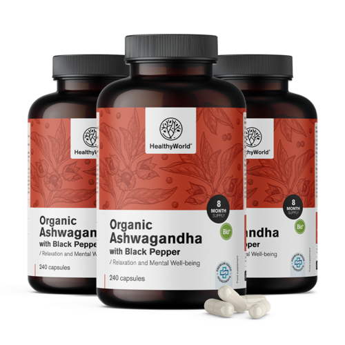 3x BIO Ashwagandha met zwarte peper, totaal 720 capsules